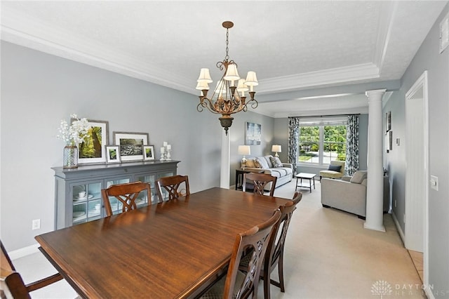 10598 Falls Creek Ln, Washington Twp, OH 45458 - dining area featuring a chandelier, decorative columns, ornamental molding, and light carpet