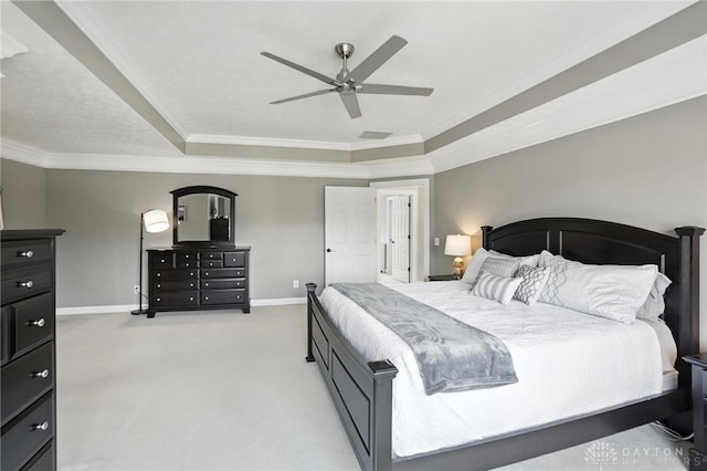 10598 Falls Creek Ln, Washington Twp, OH 45458 - bedroom with crown molding, light colored carpet, a raised ceiling, and a ceiling fan