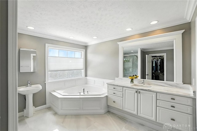 10598 Falls Creek Ln, Washington Twp, OH 45458 - full bathroom with a shower stall, a garden tub, ornamental molding, recessed lighting, and a textured ceiling