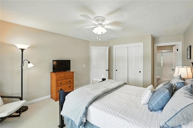 10598 Falls Creek Ln, Washington Twp, OH 45458 - bedroom featuring a closet, light colored carpet, a ceiling fan, and ensuite bath