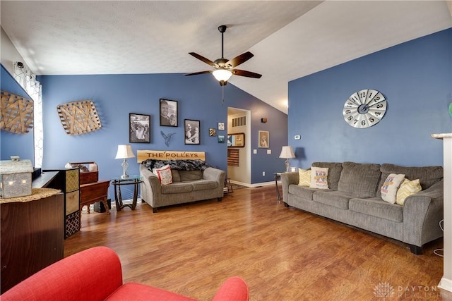 162 Choctaw Cir, Franklin, OH 45005 - living room featuring wood finished floors, ceiling fan, and vaulted ceiling