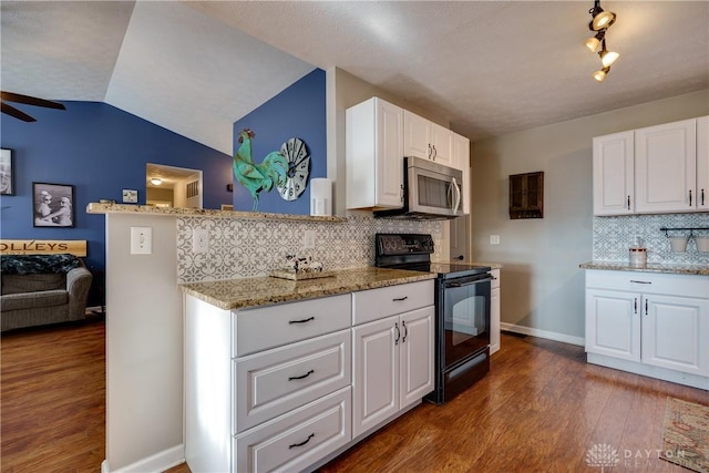 162 Choctaw Cir, Franklin, OH 45005 - kitchen with electric range, stainless steel microwave, dark wood-type flooring, tasteful backsplash, and light stone countertops