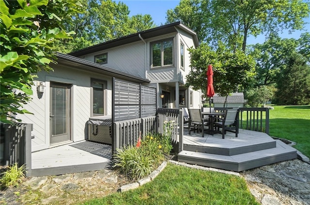 1778 Kensington Dr, Bellbrook, OH 45305 - back of property featuring outdoor dining space, a wooden deck, and a lawn