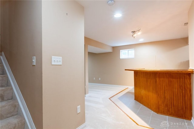 2540 Early Spring Ct, Dayton, OH 45459 - indoor dry bar with stairs, light carpet, and recessed lighting