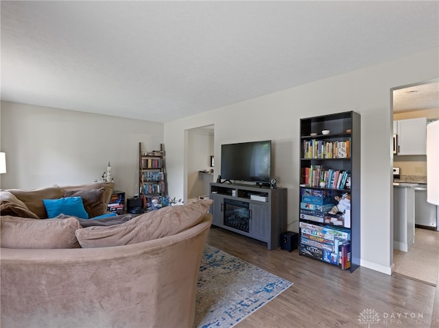 6118 Carnation Rd, Dayton, OH 45449 - living room with wood finished floors and a glass covered fireplace