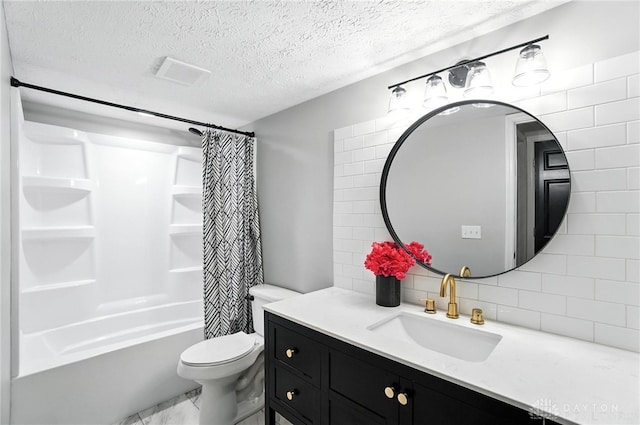 8052 Timberlodge Trl, Washington Twp, OH 45458 - full bath featuring decorative backsplash, vanity, shower / bath combo, a textured ceiling, and marble look tile flooring