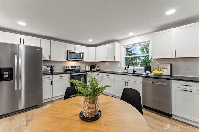1209 Maple St, Troy, OH 45373 - kitchen with appliances with stainless steel finishes, recessed lighting, light wood finished floors, tasteful backsplash, and white cabinetry