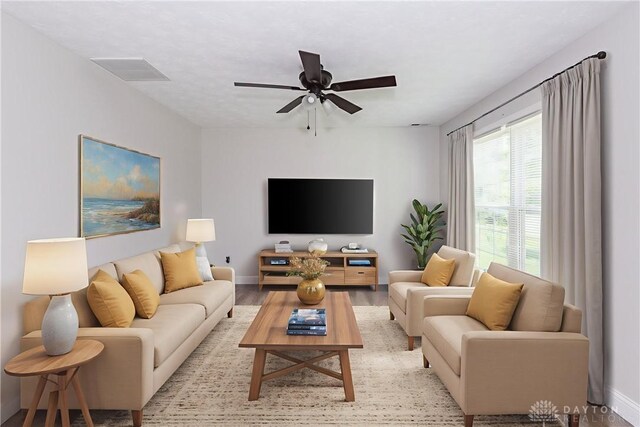 1129 Eureka Dr, Kettering, OH 45419 - living room with a ceiling fan and light wood-type flooring