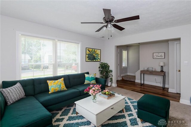 1129 Eureka Dr, Kettering, OH 45419 - living room featuring plenty of natural light, ceiling fan, and wood finished floors