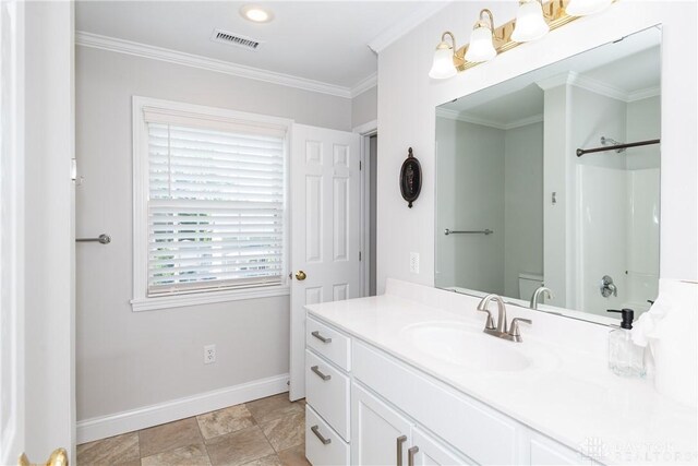 1129 Eureka Dr, Kettering, OH 45419 - full bath with vanity, ornamental molding, a shower, and stone finish flooring