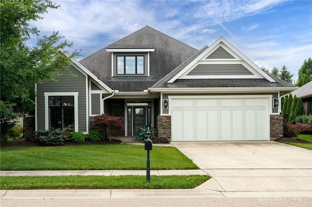 1461 Abbey Park Pl, Beavercreek Twp, OH 45385 - craftsman-style home with stone siding, a front yard, concrete driveway, an attached garage, and a shingled roof