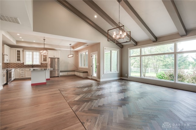 1461 Abbey Park Pl, Beavercreek Twp, OH 45385 - unfurnished living room featuring a chandelier, high vaulted ceiling, beamed ceiling, and recessed lighting