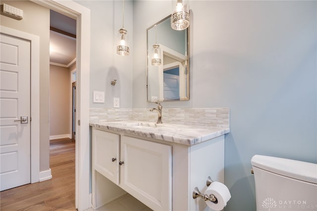 1461 Abbey Park Pl, Beavercreek Twp, OH 45385 - bathroom with vanity, wood finished floors, ornamental molding, and decorative backsplash