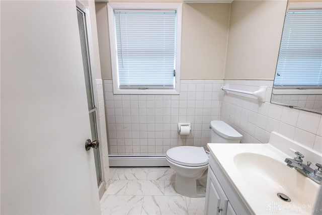 5136 Oleva Dr, Sugarcreek Twp, OH 45440 - full bathroom with a baseboard heating unit, marble look tiles, vanity, a stall shower, and tile walls