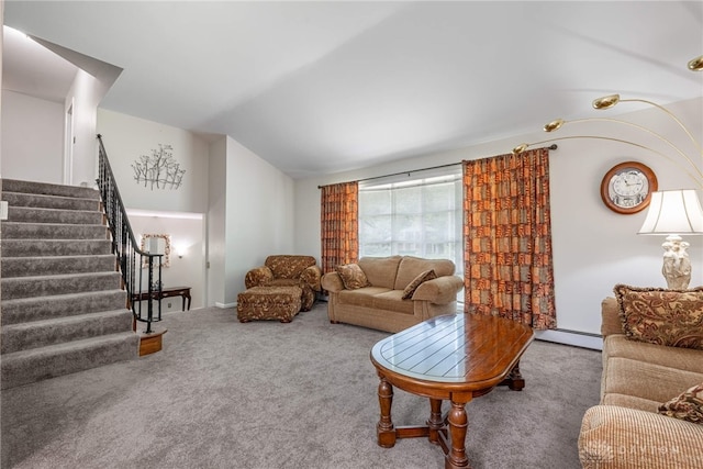 5136 Oleva Dr, Sugarcreek Twp, OH 45440 - carpeted living room with a baseboard radiator, lofted ceiling, and stairs
