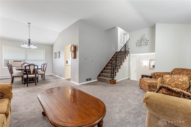 5136 Oleva Dr, Sugarcreek Twp, OH 45440 - carpeted living area featuring vaulted ceiling, a chandelier, stairs, and cooling unit
