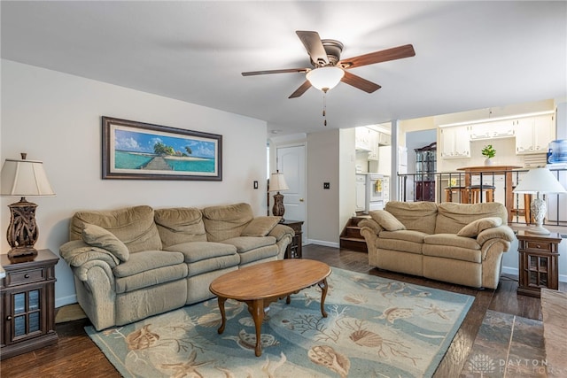 5136 Oleva Dr, Sugarcreek Twp, OH 45440 - living area featuring ceiling fan and dark wood-style floors