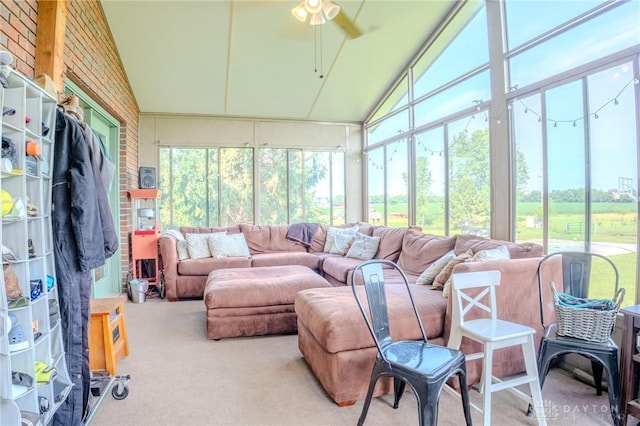 1061 Mcpherson Rd, Xenia, OH 45385 - sunroom / solarium featuring an outdoor living space, carpet flooring, ceiling fan, and high vaulted ceiling
