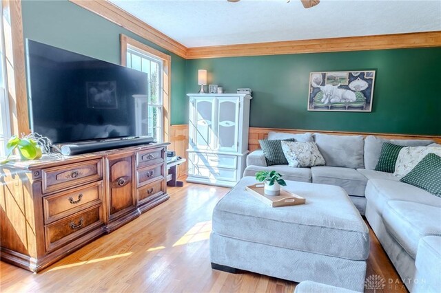 1061 Mcpherson Rd, Xenia, OH 45385 - living area with crown molding, a wainscoted wall, and light wood-type flooring