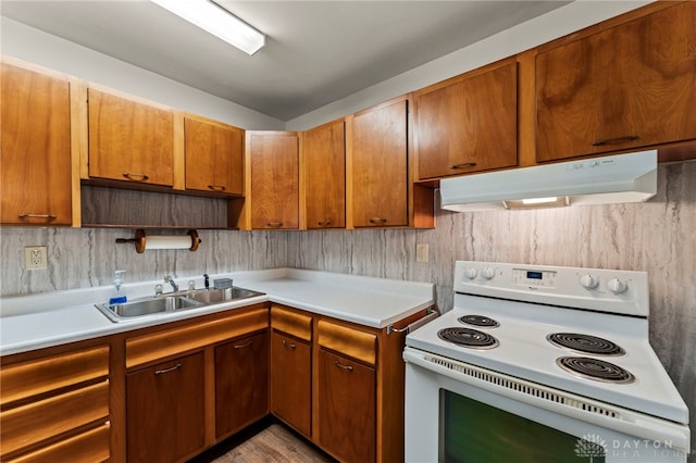 1021 Nutmeg Sq, Troy, OH 45373 - kitchen with electric range, under cabinet range hood, light countertops, open shelves, and brown cabinetry