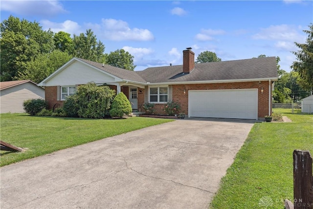 222 Alumni Cir, Wilmington, OH 45177 - ranch-style house featuring brick siding, a chimney, concrete driveway, a garage, and roof with shingles