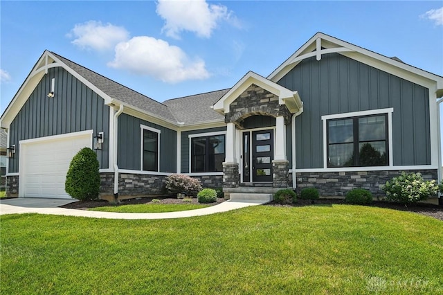 1471 Runnymeade Way, Beavercreek Twp, OH 45385 - view of front of house featuring stone siding, board and batten siding, a garage, and a front yard