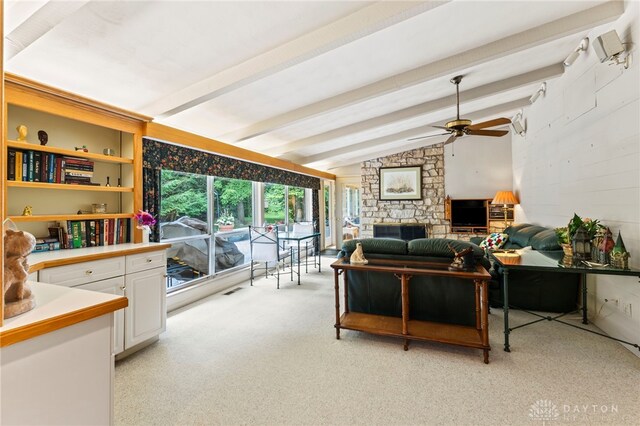 347 Winding Trl, Xenia, OH 45385 - living area featuring a ceiling fan and a fireplace