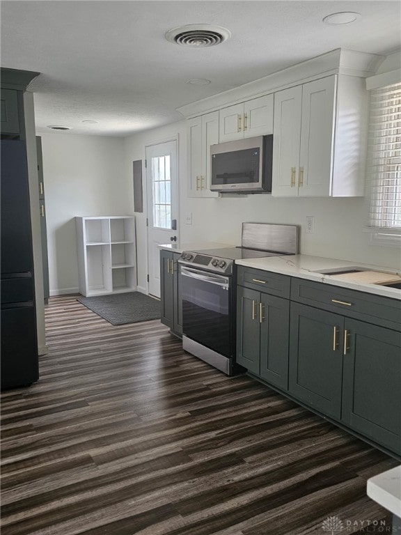 283 Moore St, Lewisburg, OH 45338 - kitchen featuring appliances with stainless steel finishes, dark wood-type flooring, light countertops, gray cabinets, and white cabinetry