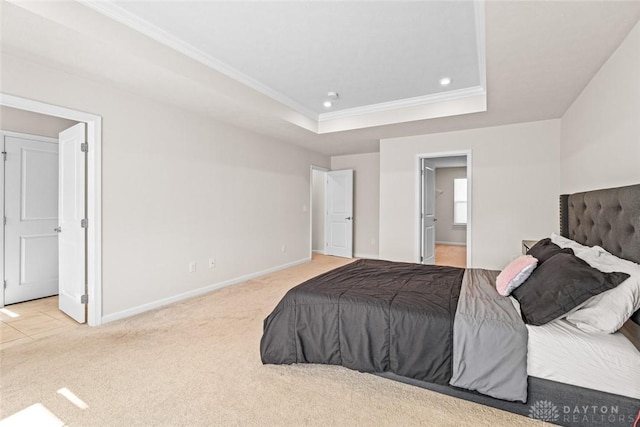 1835 Winding Run, Clearcreek Twp, OH 45458 - bedroom featuring crown molding, carpet flooring, recessed lighting, a tray ceiling, and connected bathroom