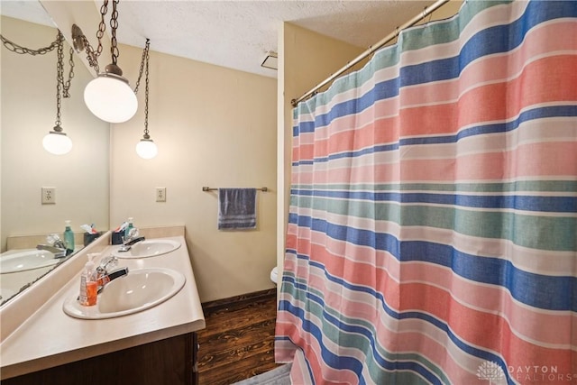 4595 Comanchee Trl, Silver Creek Twp, OH 45335 - full bath with double vanity, wood finished floors, a textured ceiling, and a shower with shower curtain