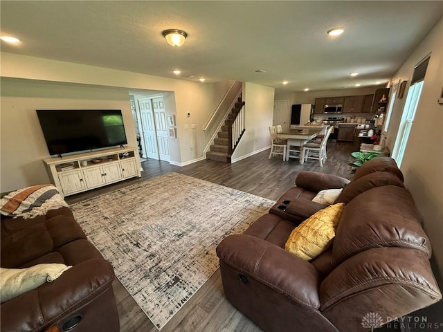 562 Maxwell Ct, Germantown, OH 45327 - living room featuring stairway, dark wood-style floors, and recessed lighting