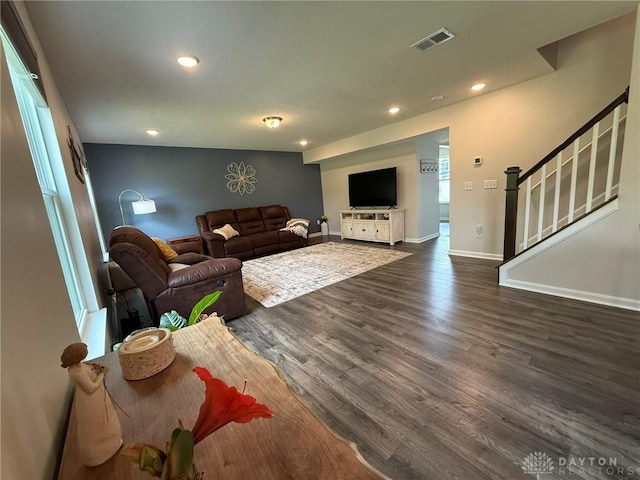 562 Maxwell Ct, Germantown, OH 45327 - living room with dark wood-style flooring, stairs, and recessed lighting