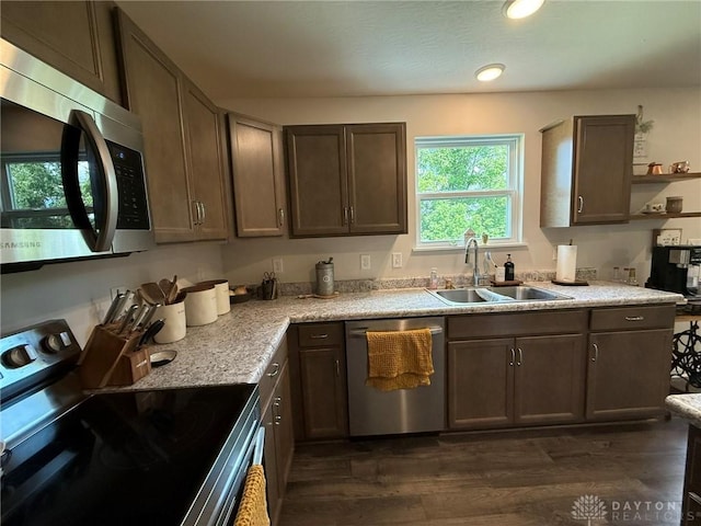 562 Maxwell Ct, Germantown, OH 45327 - kitchen featuring stainless steel appliances, dark wood-type flooring, open shelves, and dark brown cabinets