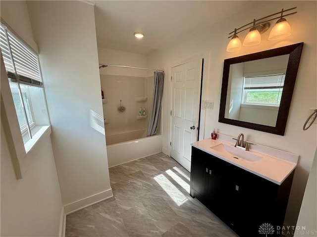 10995 Rockridge Rd, Lewisburg, OH 45338 - bathroom featuring marble look tiles, shower / tub combo with curtain, and vanity
