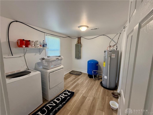 10995 Rockridge Rd, Lewisburg, OH 45338 - laundry room featuring electric water heater, electric panel, light wood-style flooring, and washing machine and clothes dryer
