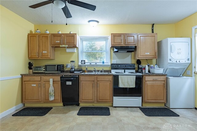 2701 Mini Ct, Dayton, OH 45420 - kitchen with electric stove, dishwasher, stainless steel microwave, under cabinet range hood, and estacked washer and dryer
