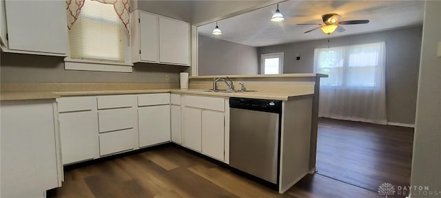 289 Dayton Ave, Xenia, OH 45385 - kitchen featuring stainless steel dishwasher, a peninsula, light countertops, and a ceiling fan