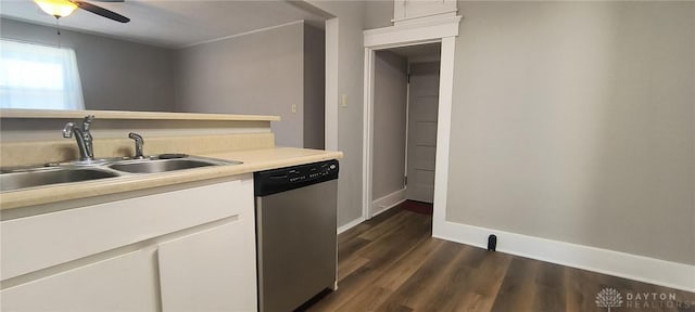 289 Dayton Ave, Xenia, OH 45385 - kitchen featuring dishwasher, a ceiling fan, light countertops, dark wood finished floors, and white cabinets