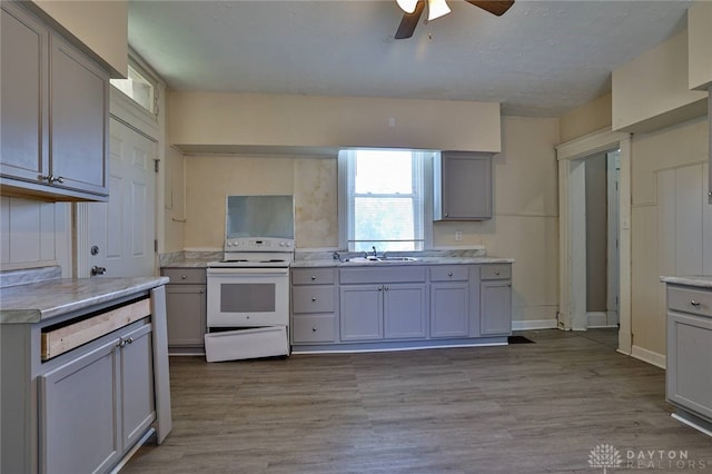 15 Bertus St, Cincinnati, OH 45217 - kitchen featuring white range with electric stovetop, gray cabinetry, a ceiling fan, and light countertops