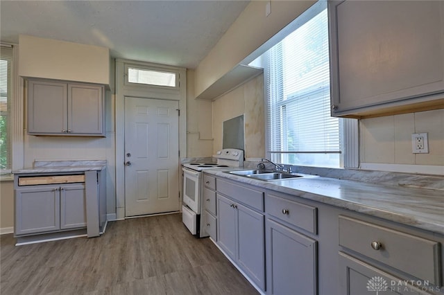 15 Bertus St, Cincinnati, OH 45217 - kitchen featuring electric stove, wood finished floors, light countertops, and gray cabinets