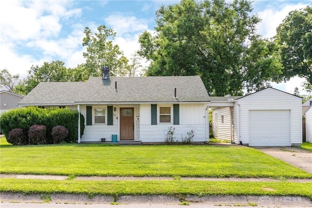 1221 Highview Dr, Fairborn, OH 45324 - ranch-style home featuring a front yard, a chimney, a garage, driveway, and a shingled roof
