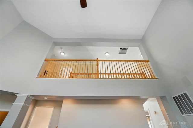2435 Forest Oaks Dr, Beavercreek, OH 45431 - stairway featuring high vaulted ceiling and a ceiling fan