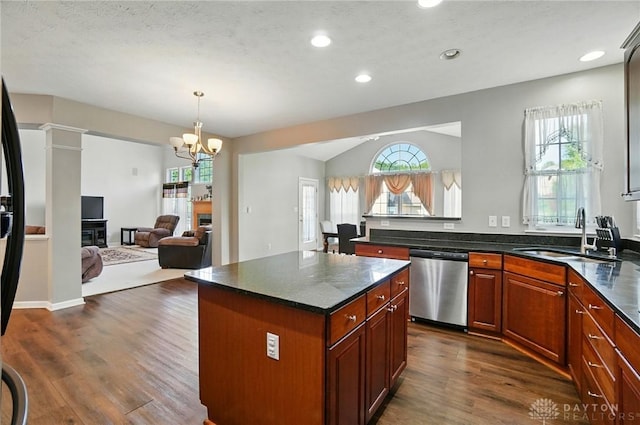 2435 Forest Oaks Dr, Beavercreek, OH 45431 - kitchen featuring stainless steel dishwasher, dark wood finished floors, open floor plan, a chandelier, and recessed lighting