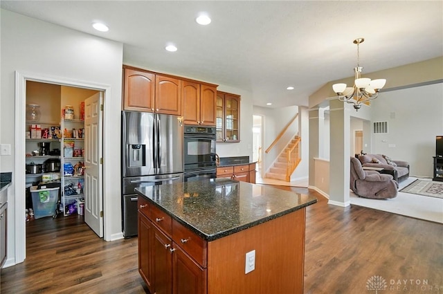 2435 Forest Oaks Dr, Beavercreek, OH 45431 - kitchen with stainless steel fridge with ice dispenser, dark wood-style flooring, a chandelier, brown cabinetry, and recessed lighting