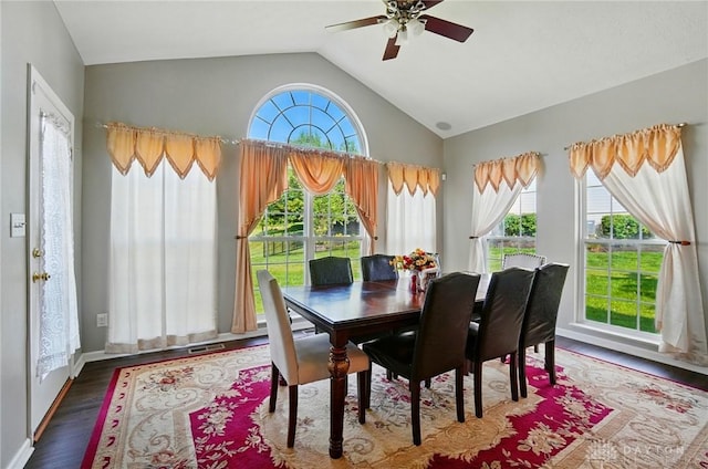 2435 Forest Oaks Dr, Beavercreek, OH 45431 - dining room featuring a ceiling fan, lofted ceiling, and wood finished floors
