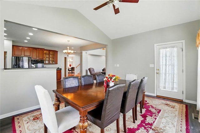 2435 Forest Oaks Dr, Beavercreek, OH 45431 - dining room featuring a chandelier, lofted ceiling, ceiling fan, light wood-type flooring, and recessed lighting