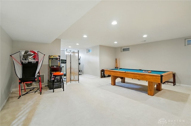 2435 Forest Oaks Dr, Beavercreek, OH 45431 - playroom featuring light carpet, billiards table, and recessed lighting