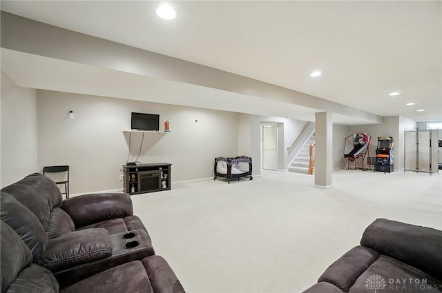 2435 Forest Oaks Dr, Beavercreek, OH 45431 - living area with recessed lighting, carpet floors, and stairway