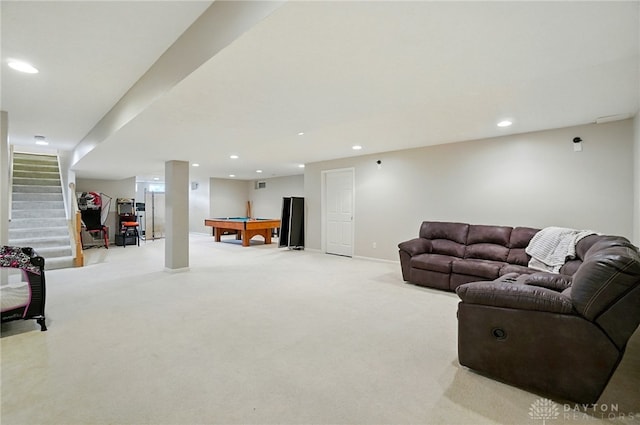 2435 Forest Oaks Dr, Beavercreek, OH 45431 - living area featuring billiards table, stairway, light colored carpet, and recessed lighting