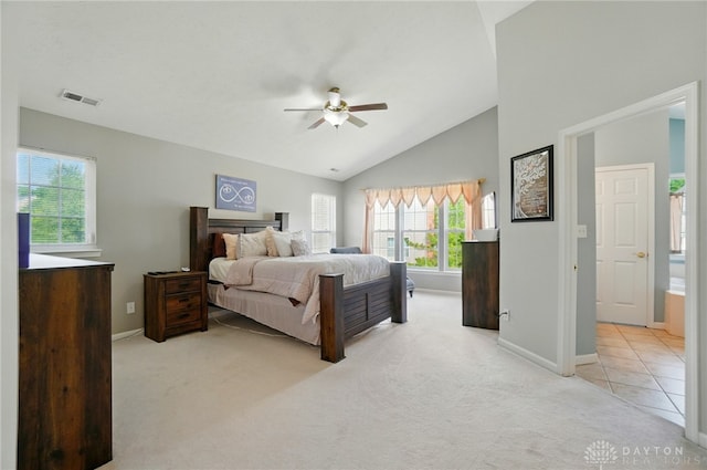 2435 Forest Oaks Dr, Beavercreek, OH 45431 - bedroom with carpet flooring, vaulted ceiling, and a ceiling fan